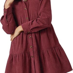 Burgundy Corduroy Button-Up Dress
